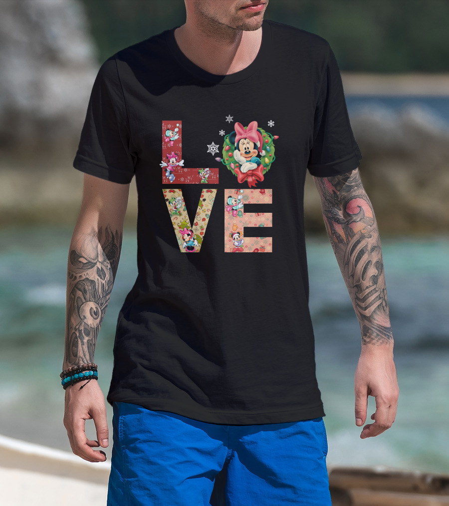 Minnie Mouse Christmas Love Snowflakes Holiday Wreath T-Shirt