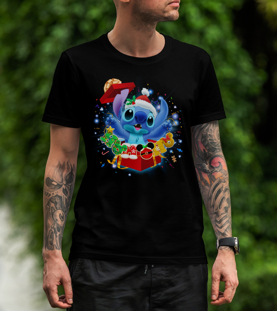 Stitch Christmas Celebration With Santa Hat And Festive Lights T-Shirt