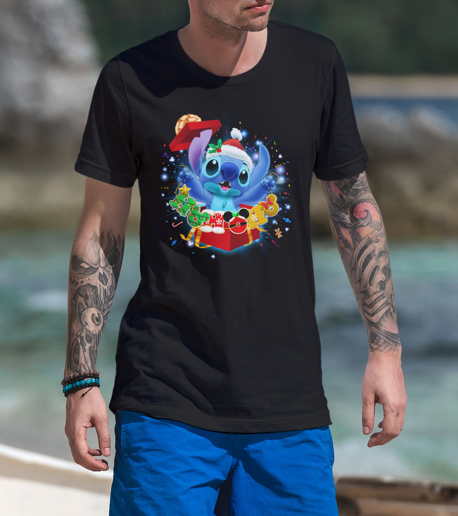 Stitch Christmas Celebration With Santa Hat And Festive Lights T-Shirt