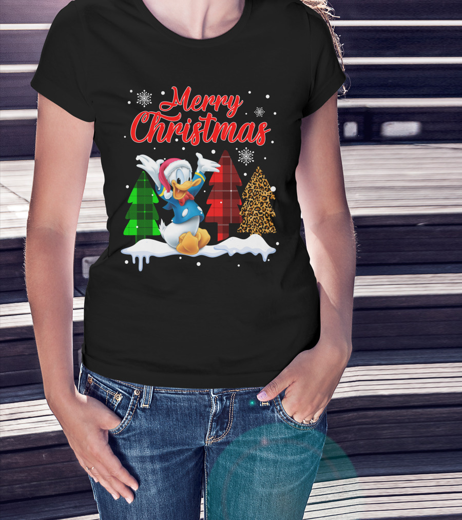 Merry Christmas Donald Duck With Festive Plaid And Leopard Trees T-Shirt