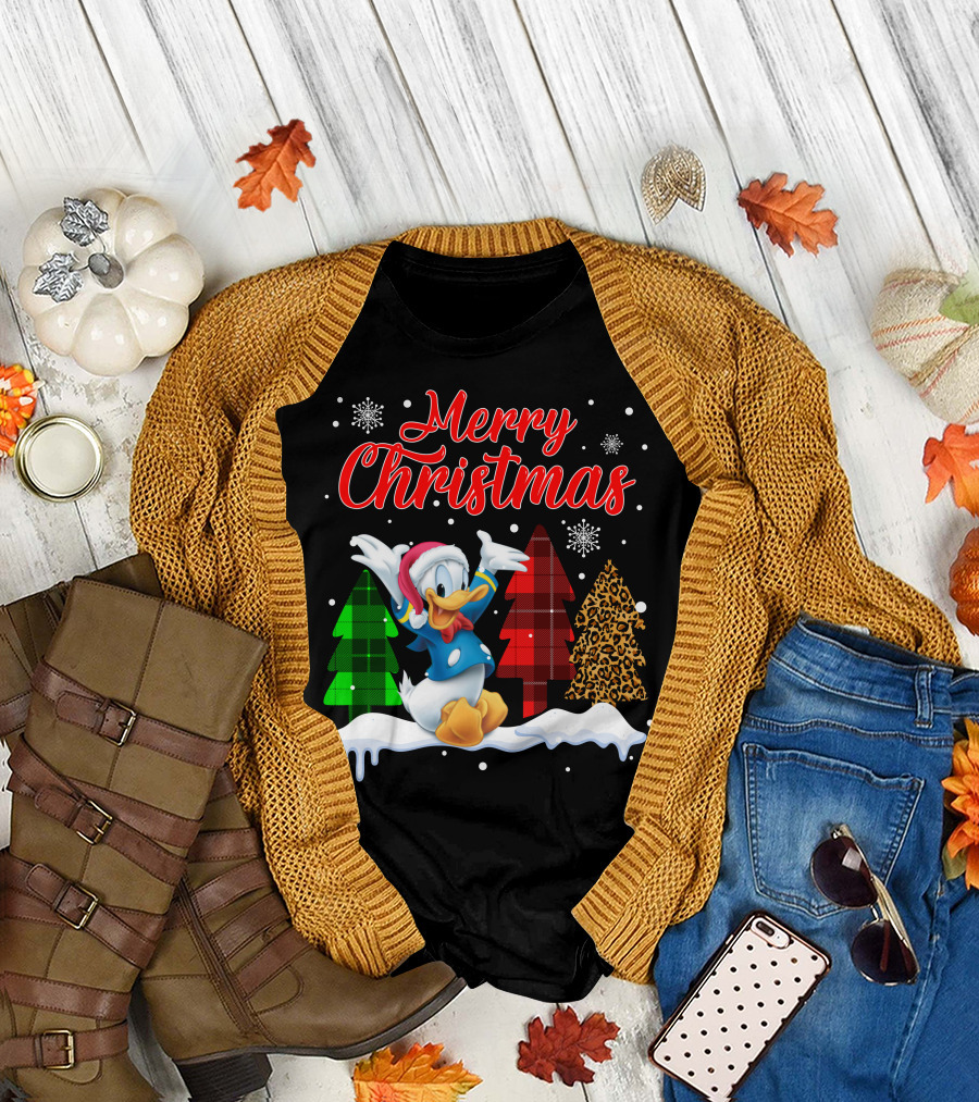 Merry Christmas Donald Duck With Festive Plaid And Leopard Trees T-Shirt
