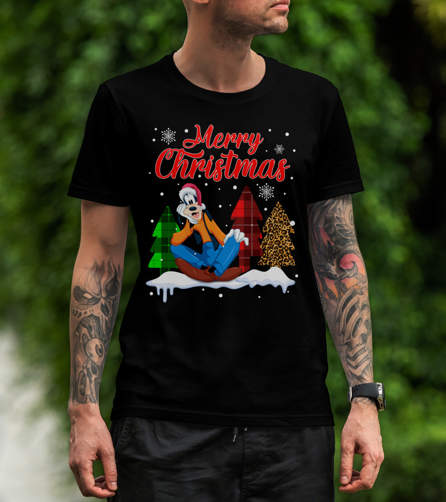 Merry Christmas Goofy With Plaid And Leopard Trees Snowflakes T-Shirt