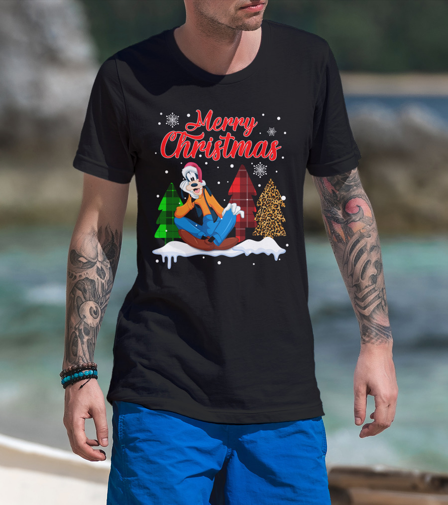 Merry Christmas Goofy With Plaid And Leopard Trees Snowflakes T-Shirt