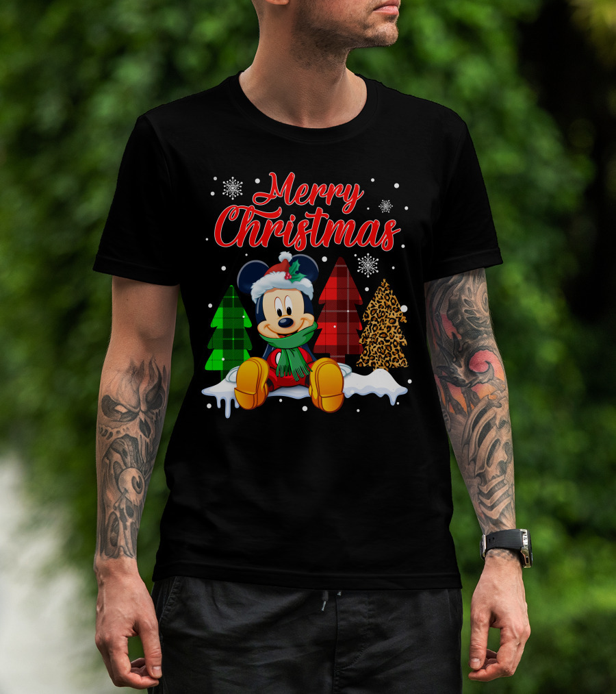 Merry Christmas Mickey Mouse With Plaid And Leopard Trees And Snowflakes T-Shirt