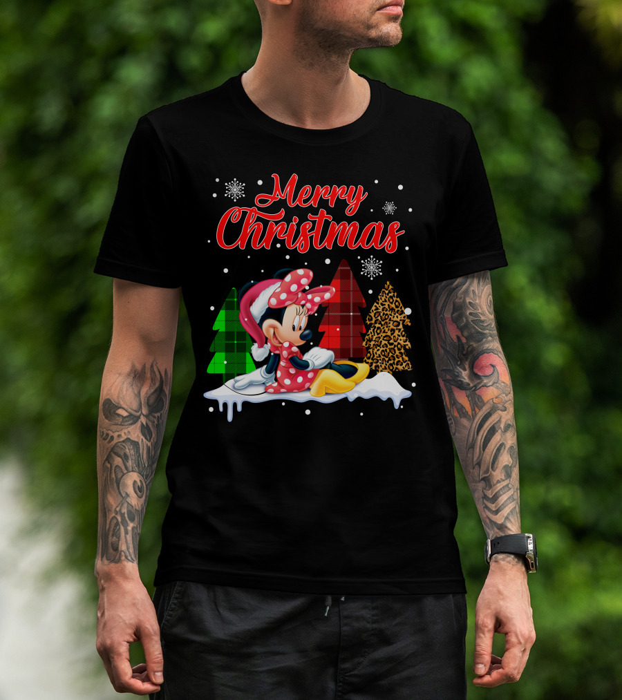 Minnie Merry Christmas Snowflakes Plaid Trees T-Shirt