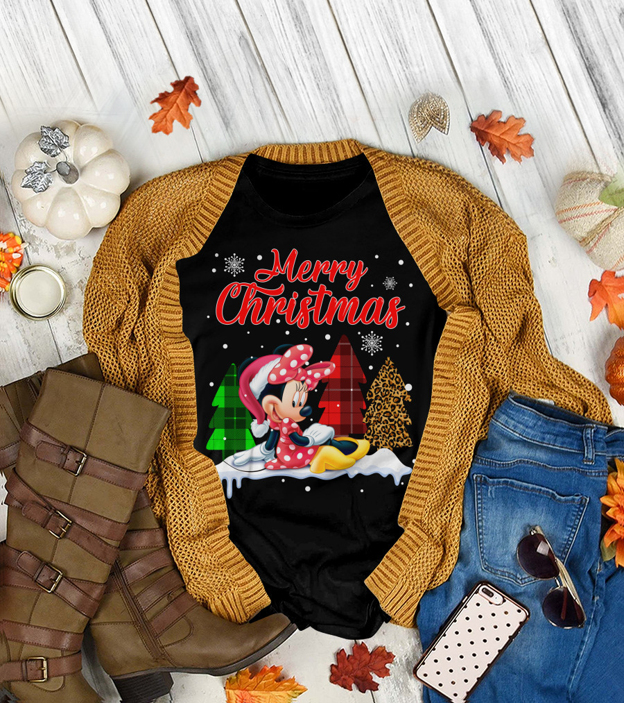 Minnie Merry Christmas Snowflakes Plaid Trees T-Shirt