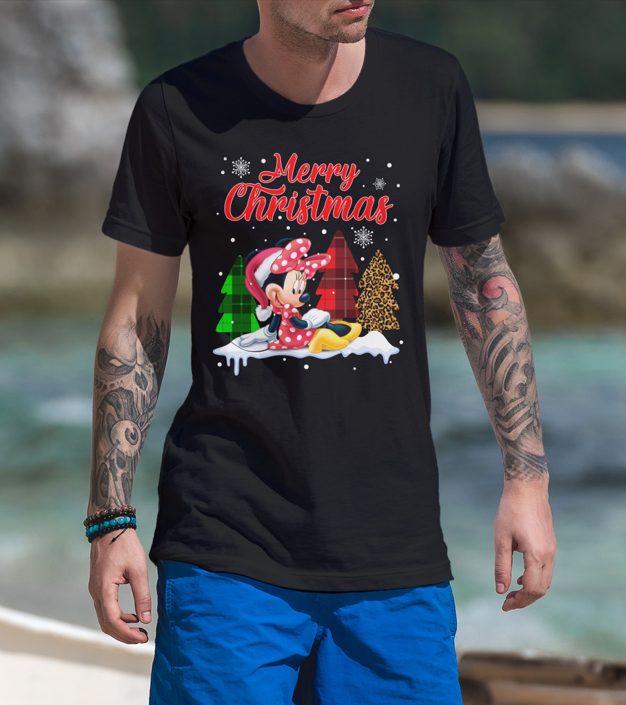 Minnie Merry Christmas Snowflakes Plaid Trees T-Shirt