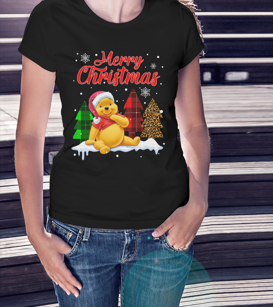 Merry Christmas Pooh Snowflakes Plaid Trees Santa Hat T-Shirt