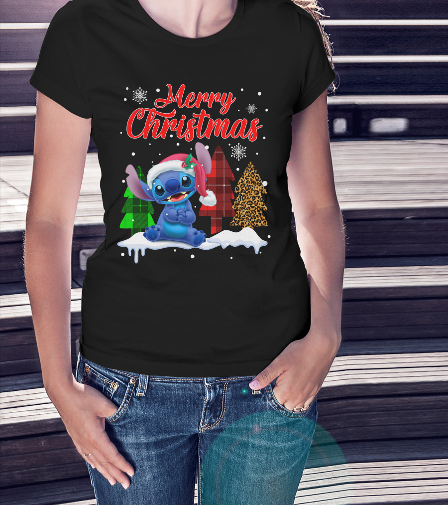 Merry Christmas Stitch Santa Hat Snow Plaid Trees T-Shirt