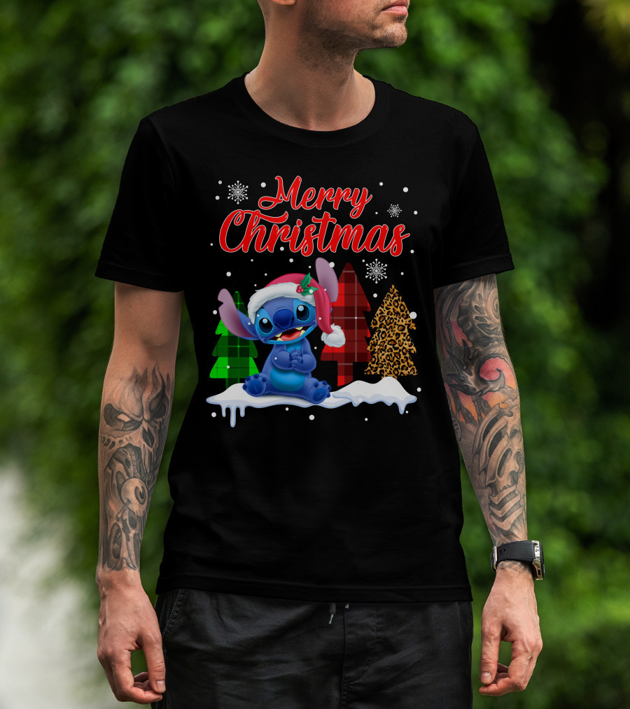 Merry Christmas Stitch Santa Hat Snow Plaid Trees T-Shirt