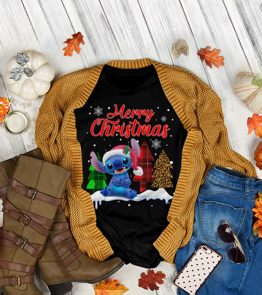 Merry Christmas Stitch Santa Hat Snow Plaid Trees T-Shirt