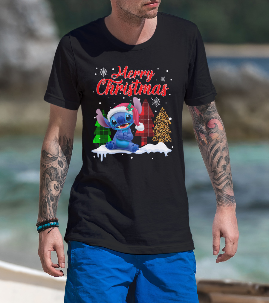 Merry Christmas Stitch Santa Hat Snow Plaid Trees T-Shirt