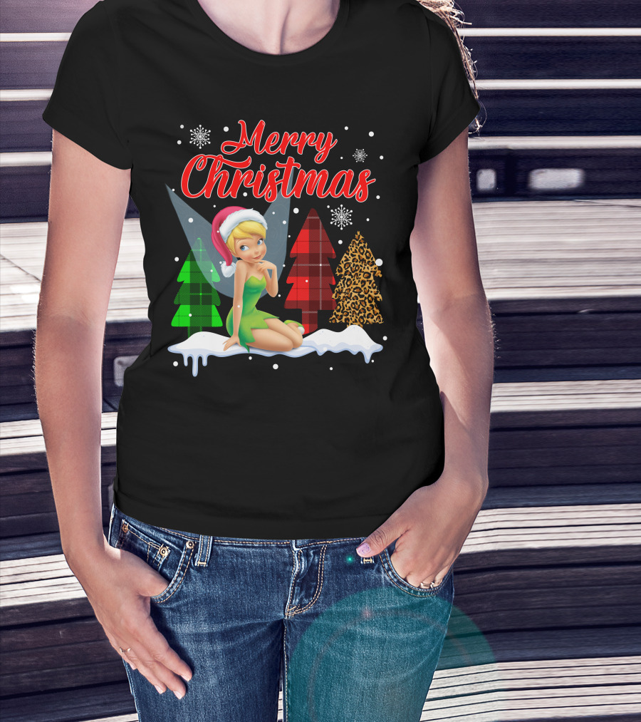 Merry Christmas Tinkerbell Santa Hat Plaid And Leopard Trees Snowflakes T-Shirt
