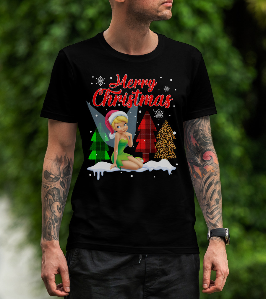 Merry Christmas Tinkerbell Santa Hat Plaid And Leopard Trees Snowflakes T-Shirt