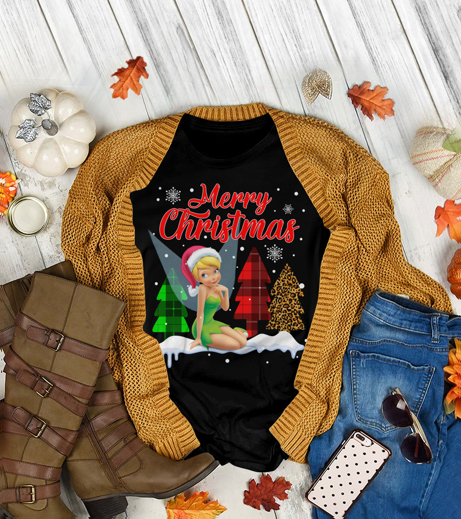Merry Christmas Tinkerbell Santa Hat Plaid And Leopard Trees Snowflakes T-Shirt
