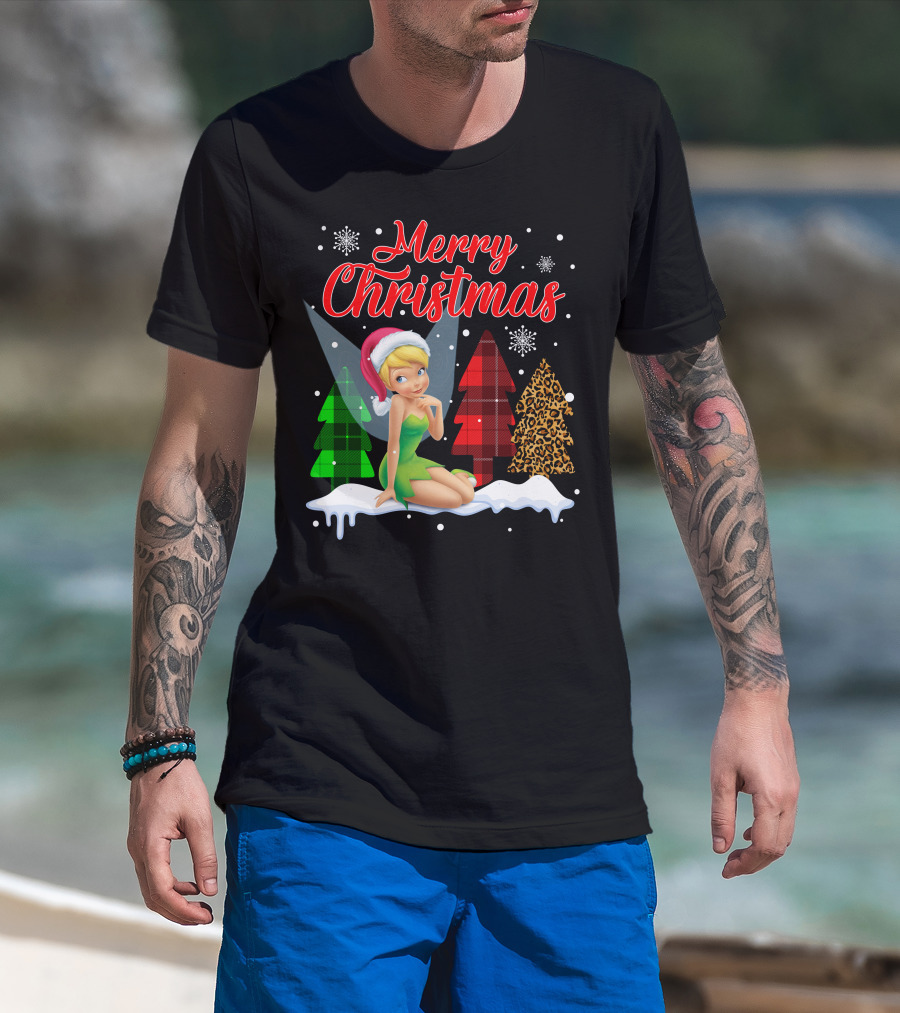 Merry Christmas Tinkerbell Santa Hat Plaid And Leopard Trees Snowflakes T-Shirt