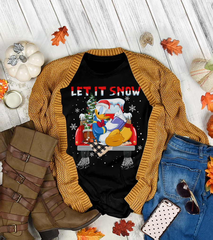 Let It Snow Donald Santa Hat Reading Winter Snowflakes Christmas Tree Red Truck T-Shirt