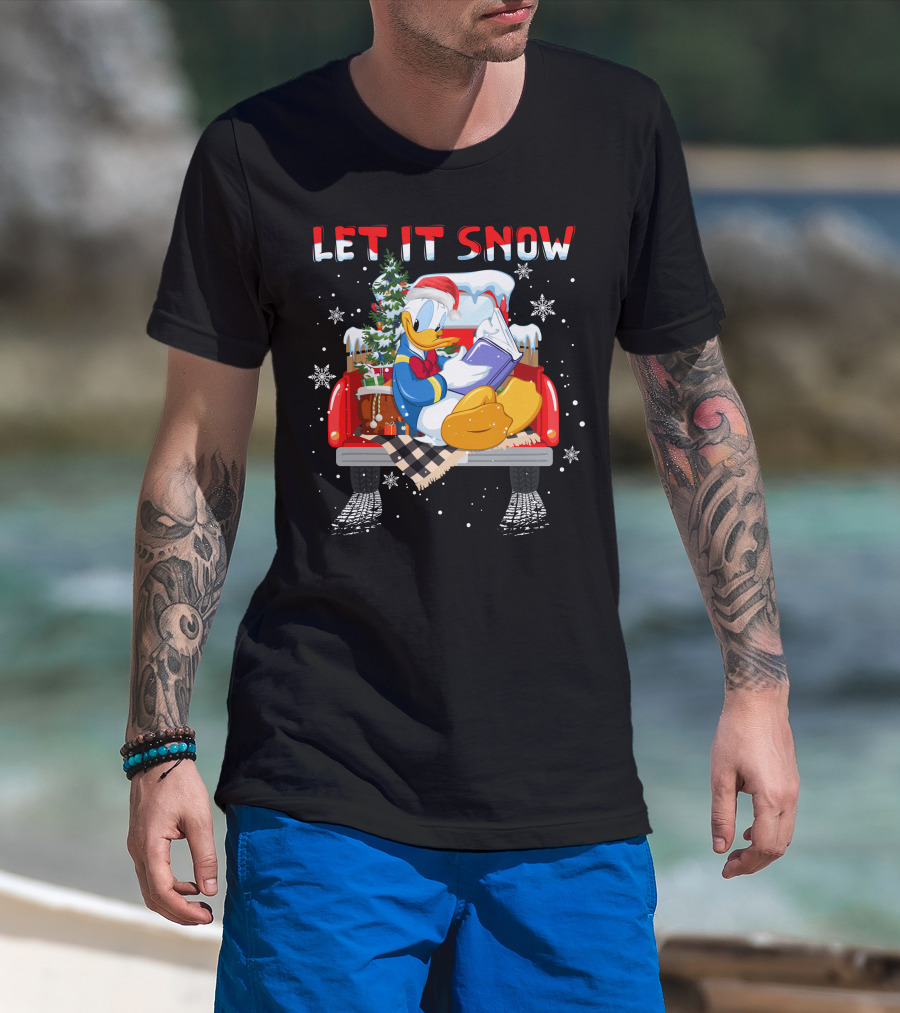 Let It Snow Donald Santa Hat Reading Winter Snowflakes Christmas Tree Red Truck T-Shirt