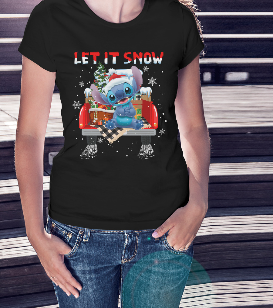 Let It Snow Stitch Christmas Santa Truck Snowflakes T-Shirt