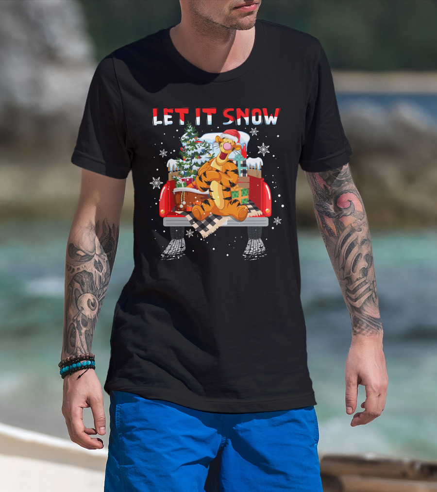 Tigger Let It Snow Christmas Tree And Presents In Snowy Red Truck T-Shirt
