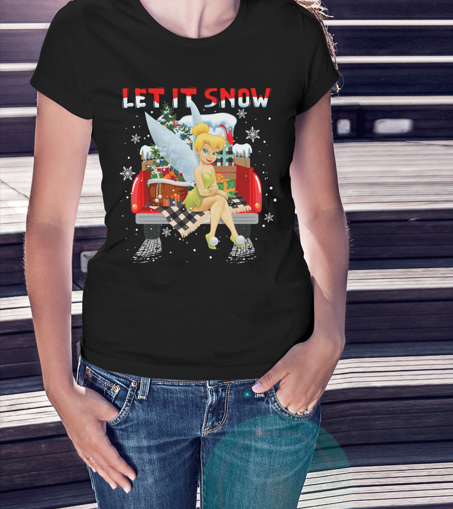 Let It Snow Tinkerbell Sitting On Truck With Gifts And Snowflakes T-Shirt