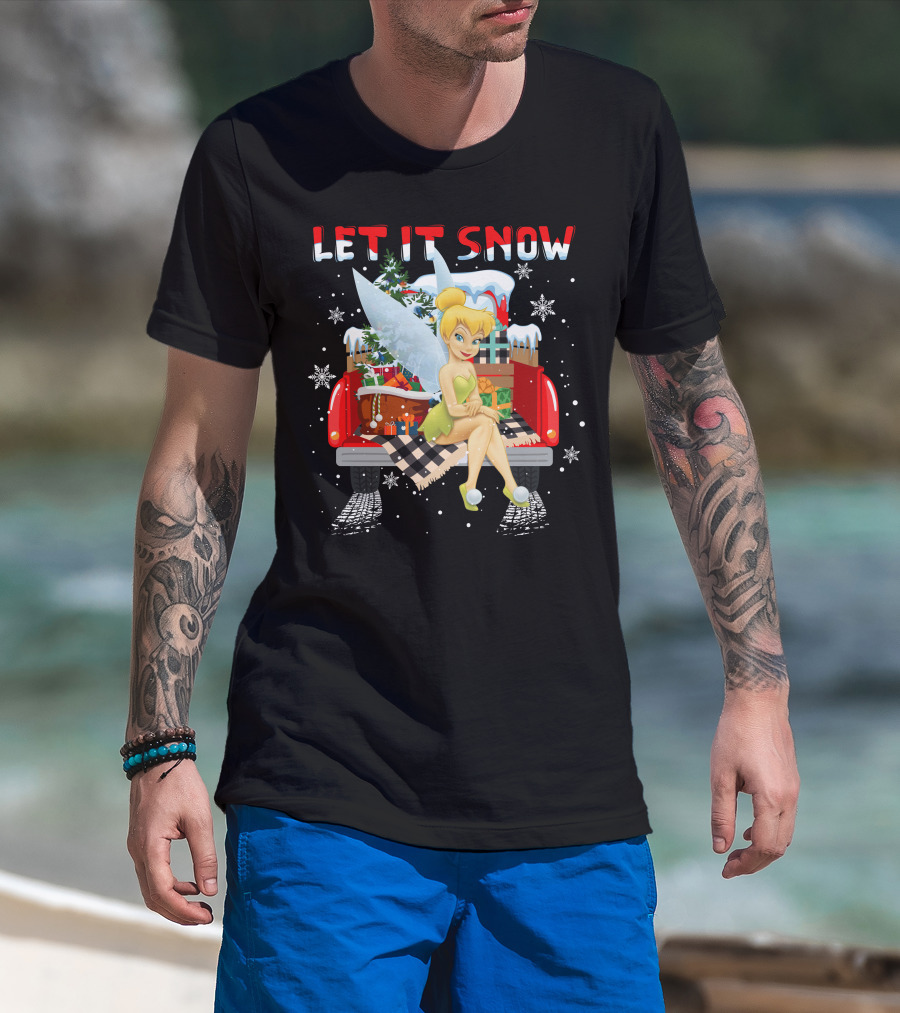 Let It Snow Tinkerbell Sitting On Truck With Gifts And Snowflakes T-Shirt