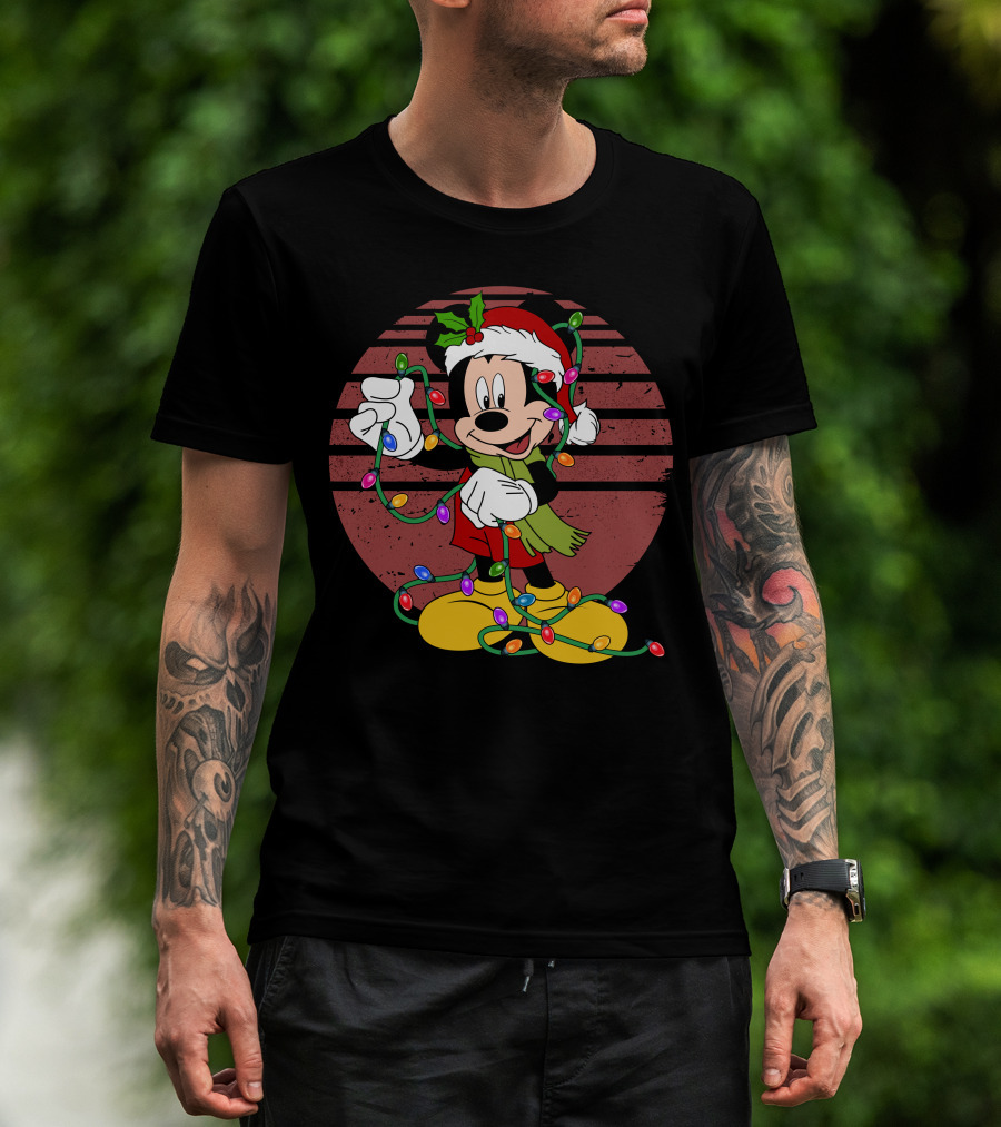 Mickey Mouse Christmas Lights Santa Hat Holiday T-Shirt