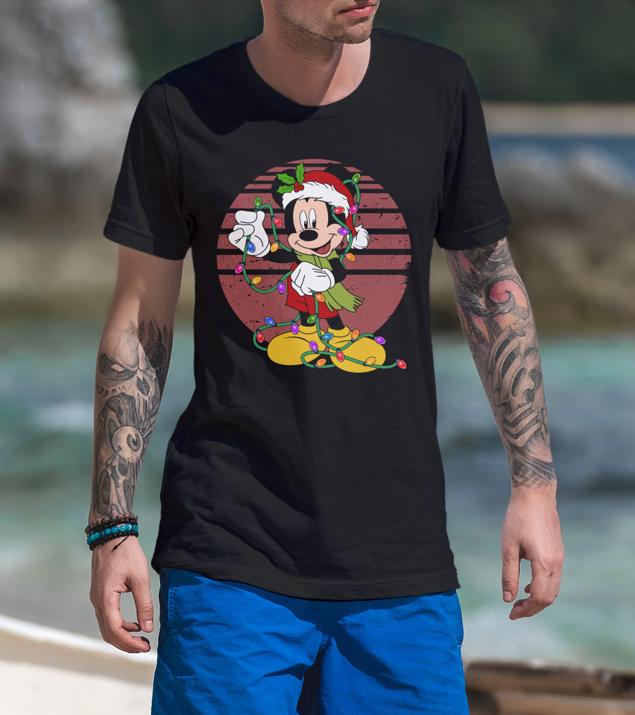 Mickey Mouse Christmas Lights Santa Hat Holiday T-Shirt