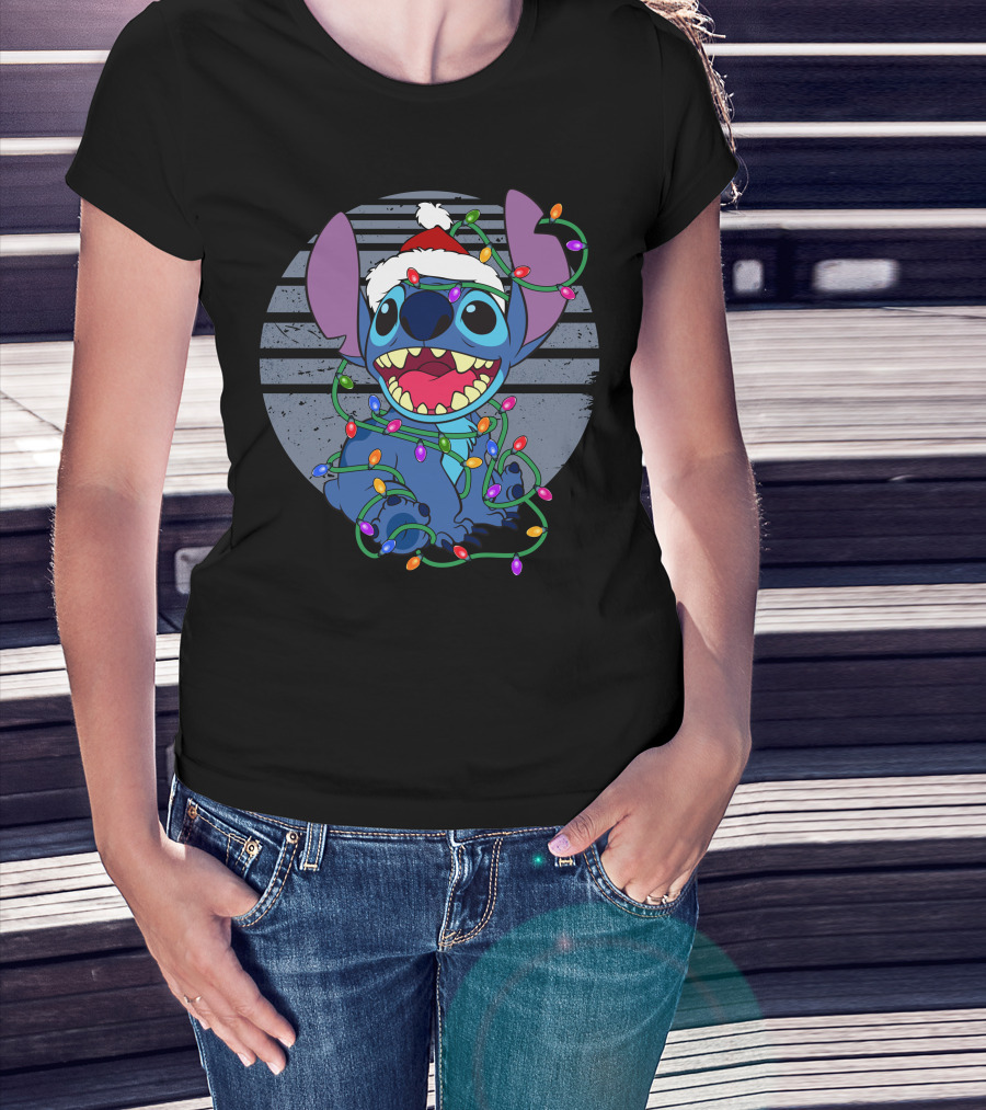 Stitch Christmas Lights Holiday Santa Hat T-Shirt