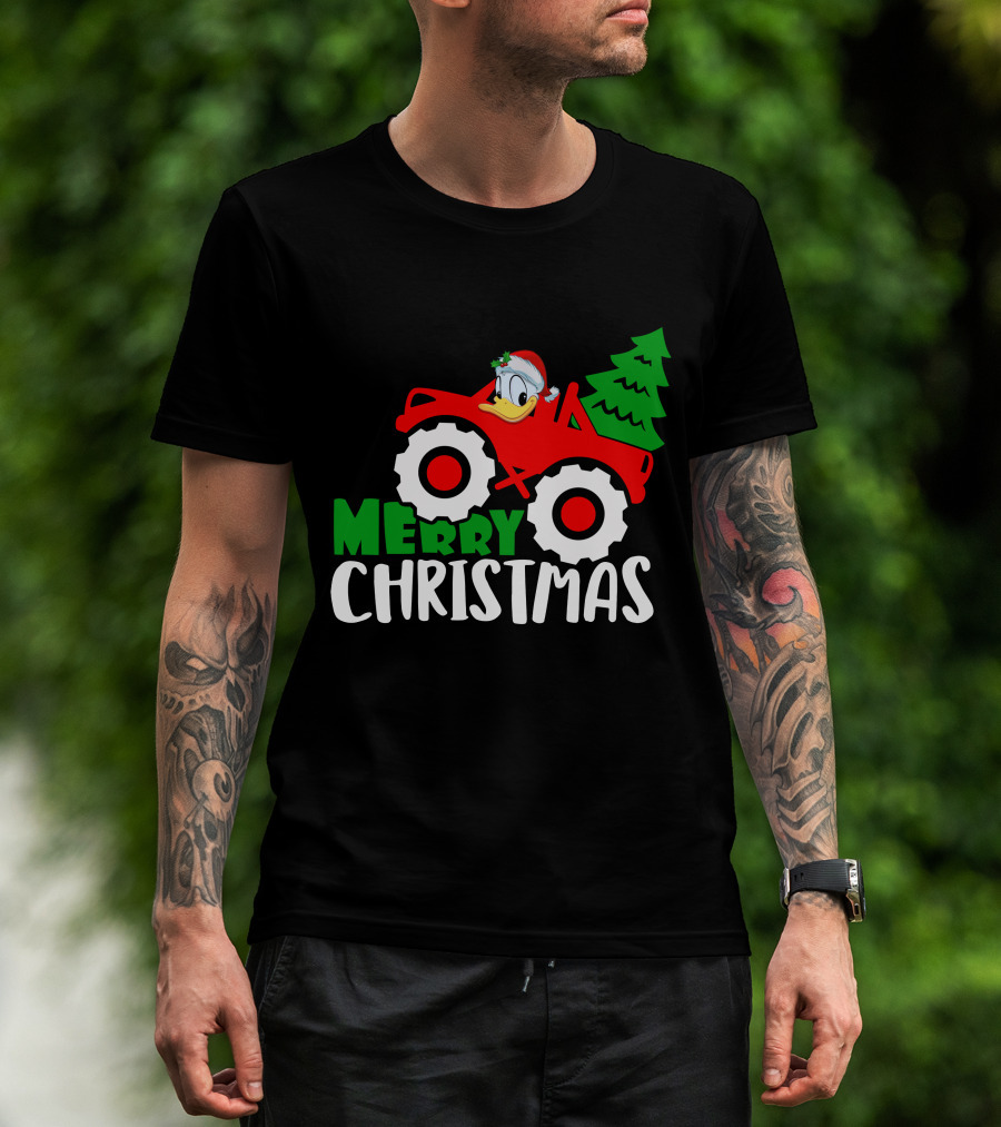 Merry Christmas Donald Duck Monster Truck Santa Hat Holiday Tree T-Shirt