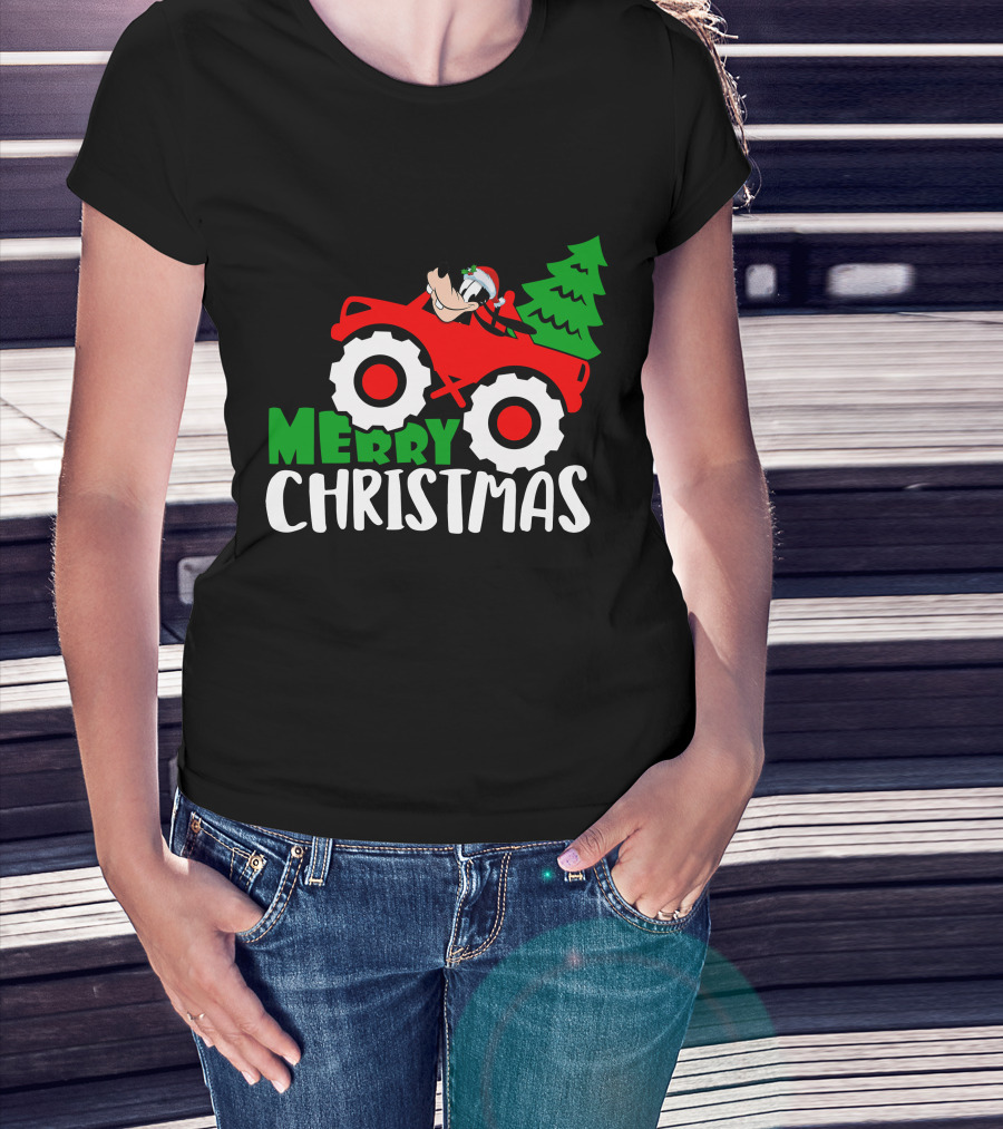 Merry Christmas Goofy In Santa Hat On Red Tractor With Christmas Tree T-Shirt