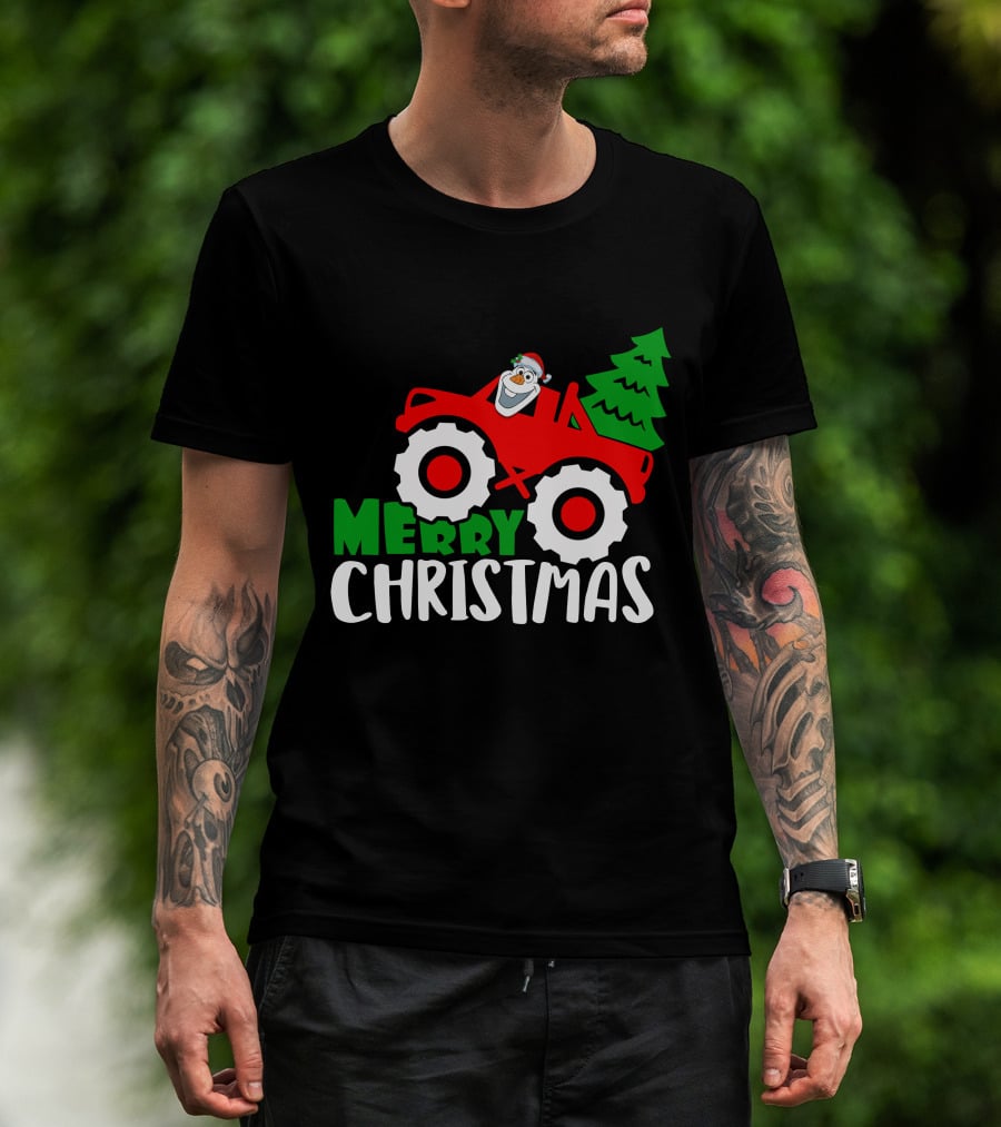 Merry Christmas Olaf Monster Truck With Santa Hat And Christmas Tree T-Shirt