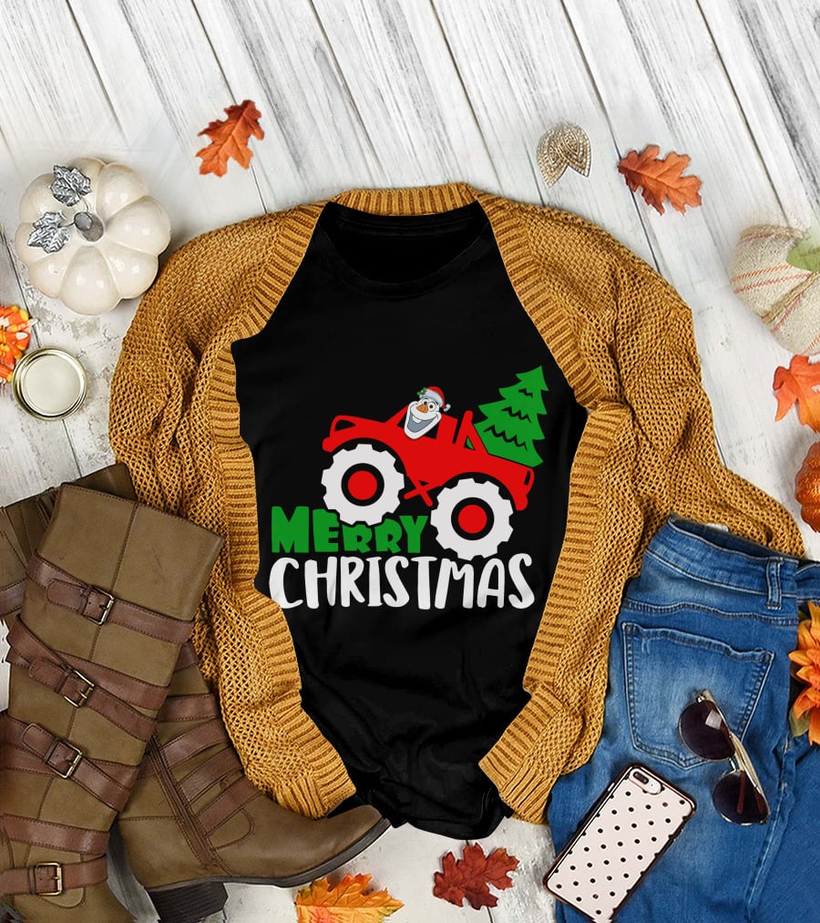 Merry Christmas Olaf Monster Truck With Santa Hat And Christmas Tree T-Shirt