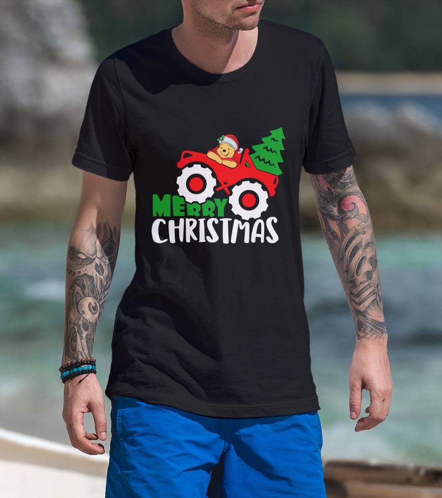 Merry Christmas Pooh Tractor Santa Hat Tree T-Shirt