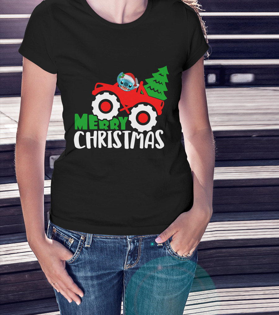 Merry Christmas Stitch Riding Red Truck With Tree T-Shirt