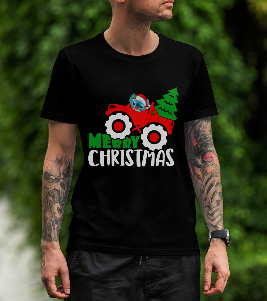Merry Christmas Stitch Riding Red Truck With Tree T-Shirt
