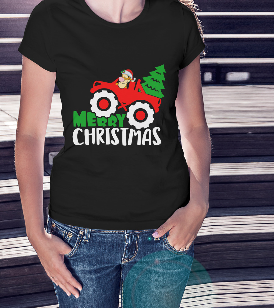 Merry Christmas Tigger Santa Hat Tractor Tree T-Shirt