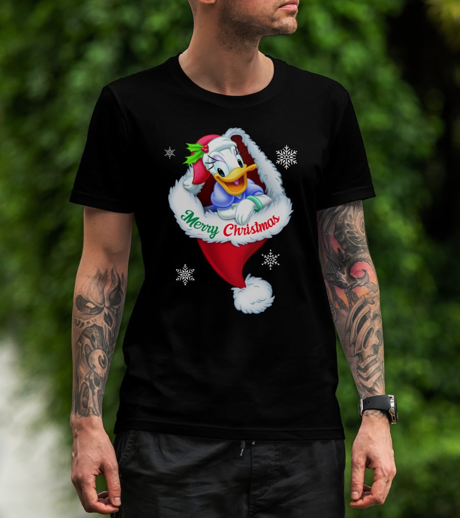Merry Christmas Daisy Duck Santa Hat Snowflakes T-Shirt