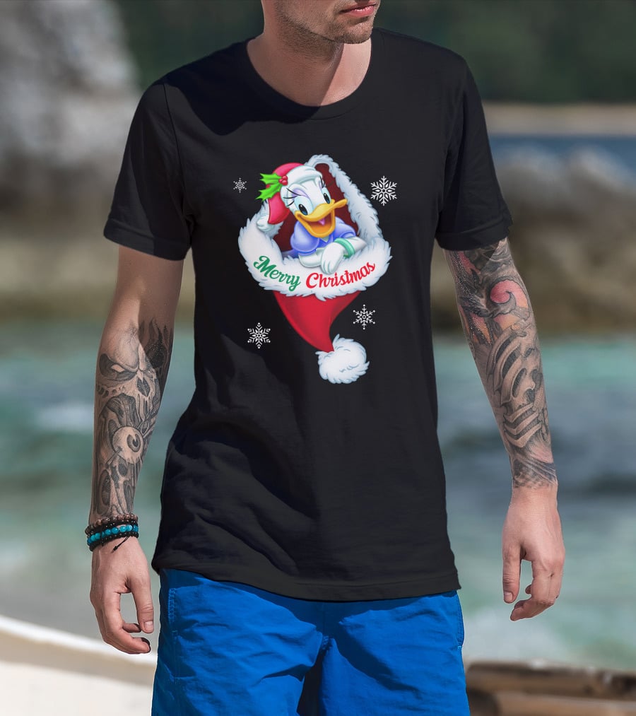 Merry Christmas Daisy Duck Santa Hat Snowflakes T-Shirt