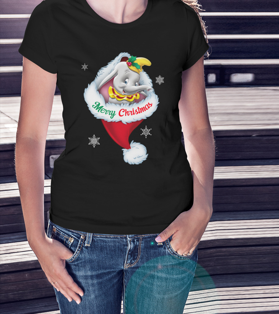 Dumbo Merry Christmas Santa Hat Snowflakes T-Shirt