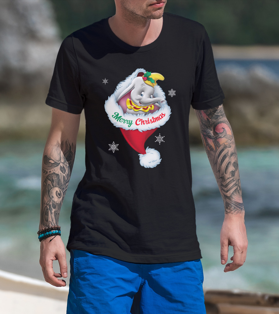 Dumbo Merry Christmas Santa Hat Snowflakes T-Shirt