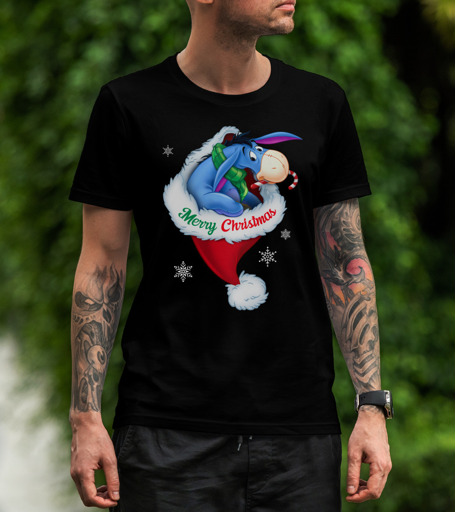 Eeyore Merry Christmas Santa Hat Snowflakes T-Shirt