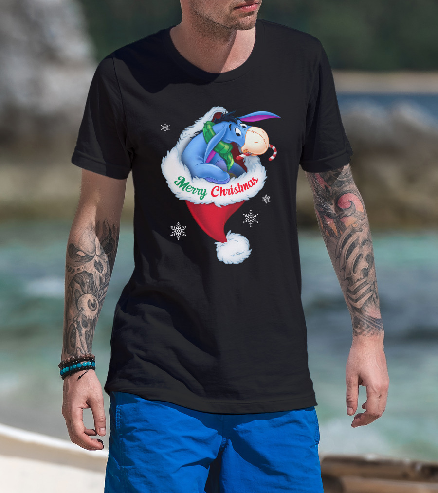 Eeyore Merry Christmas Santa Hat Snowflakes T-Shirt