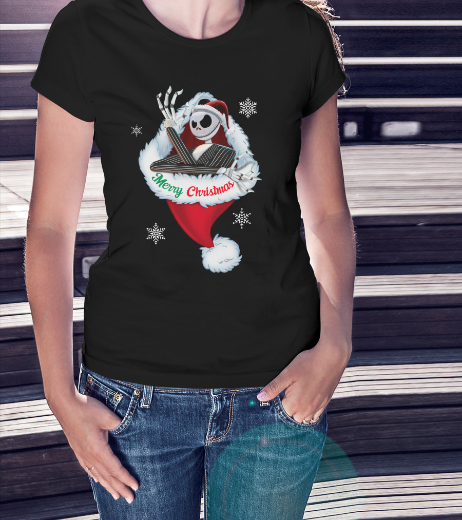 Jack Skellington Merry Christmas Santa Hat Snowflakes T-Shirt