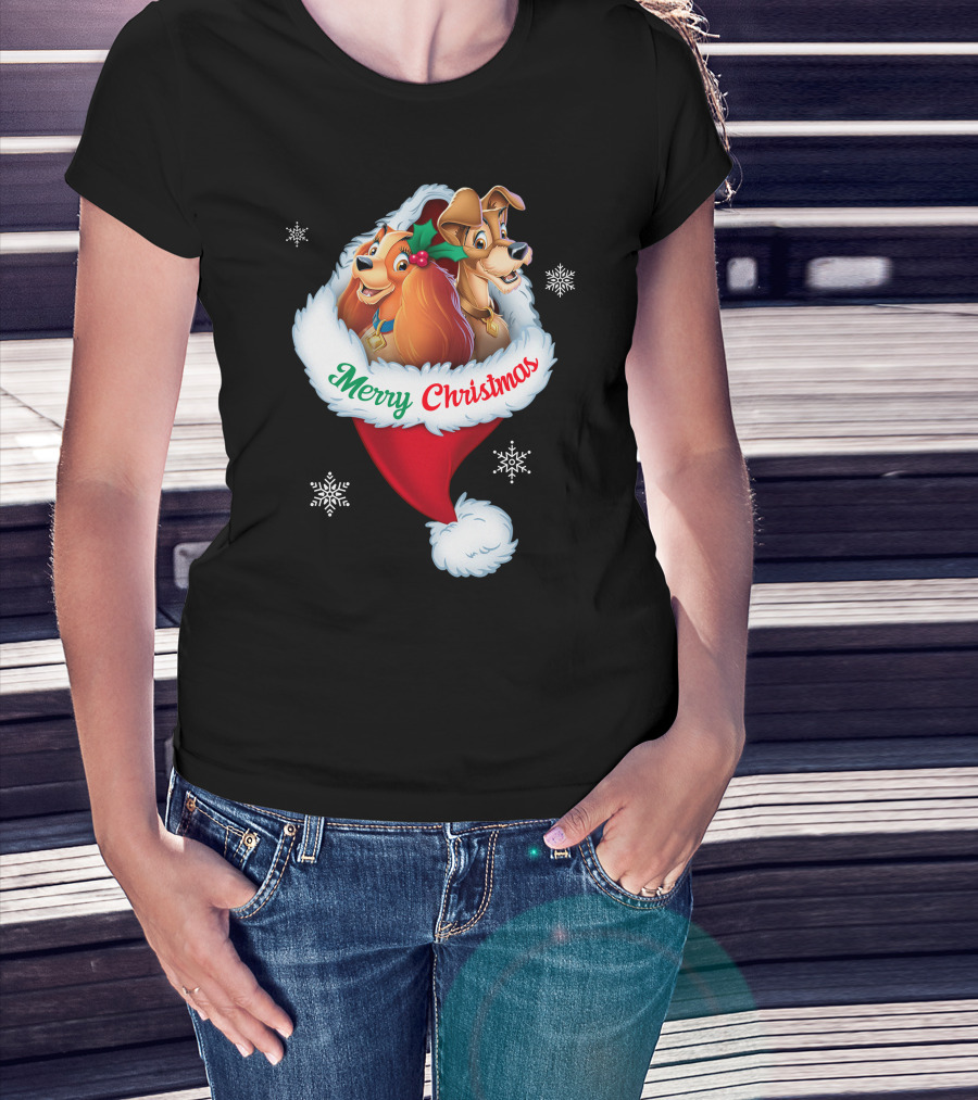 Merry Christmas Lady And The Tramp Holiday Santa Hat Snowflakes T-Shirt