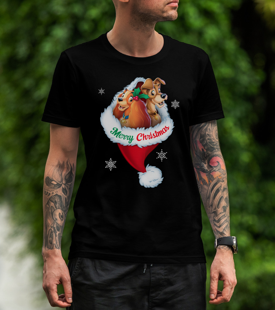 Merry Christmas Lady And The Tramp Holiday Santa Hat Snowflakes T-Shirt