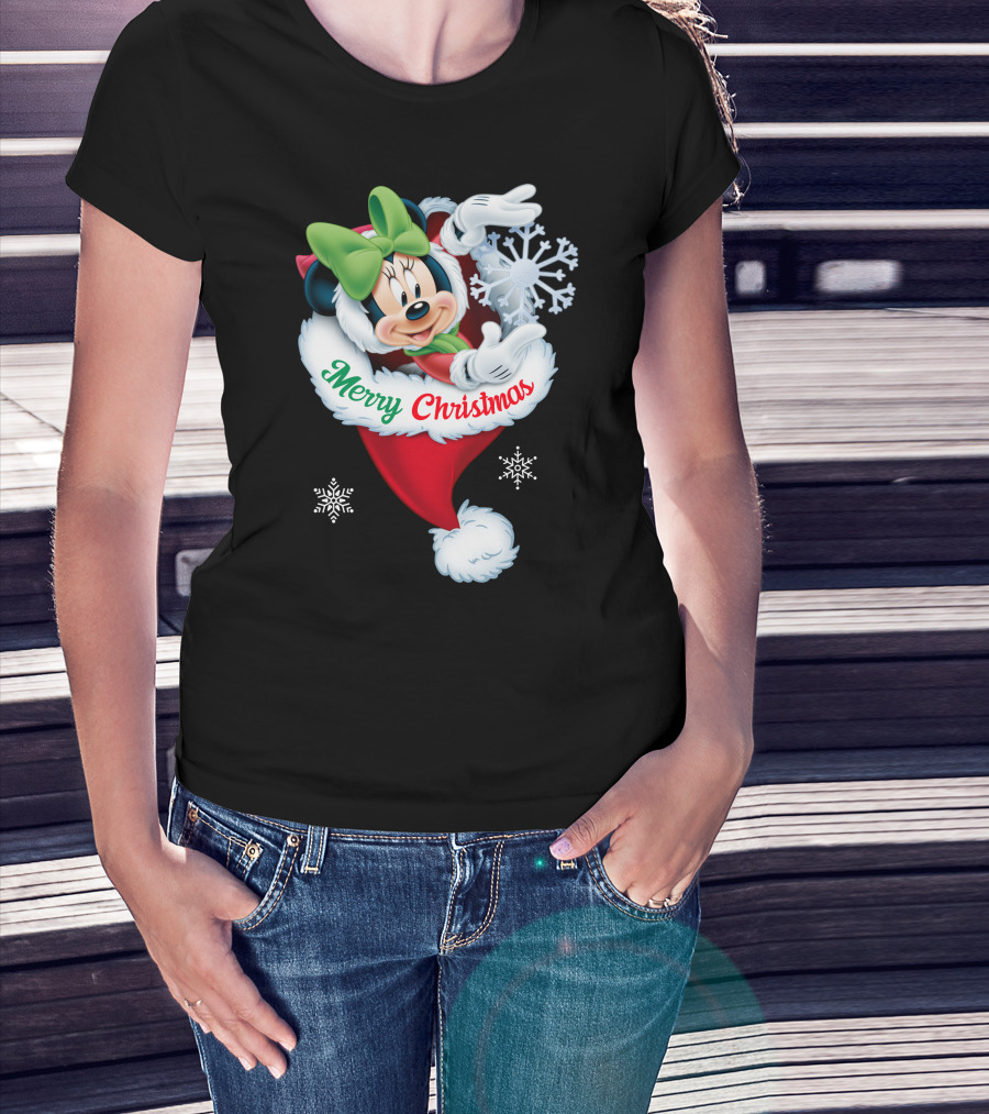 Minnie Mouse Merry Christmas Santa Hat Snowflakes T-Shirt