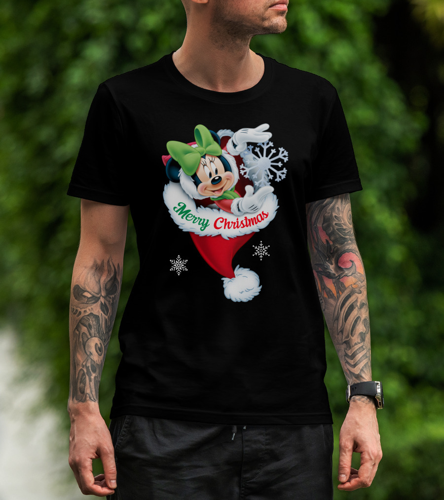 Minnie Mouse Merry Christmas Santa Hat Snowflakes T-Shirt