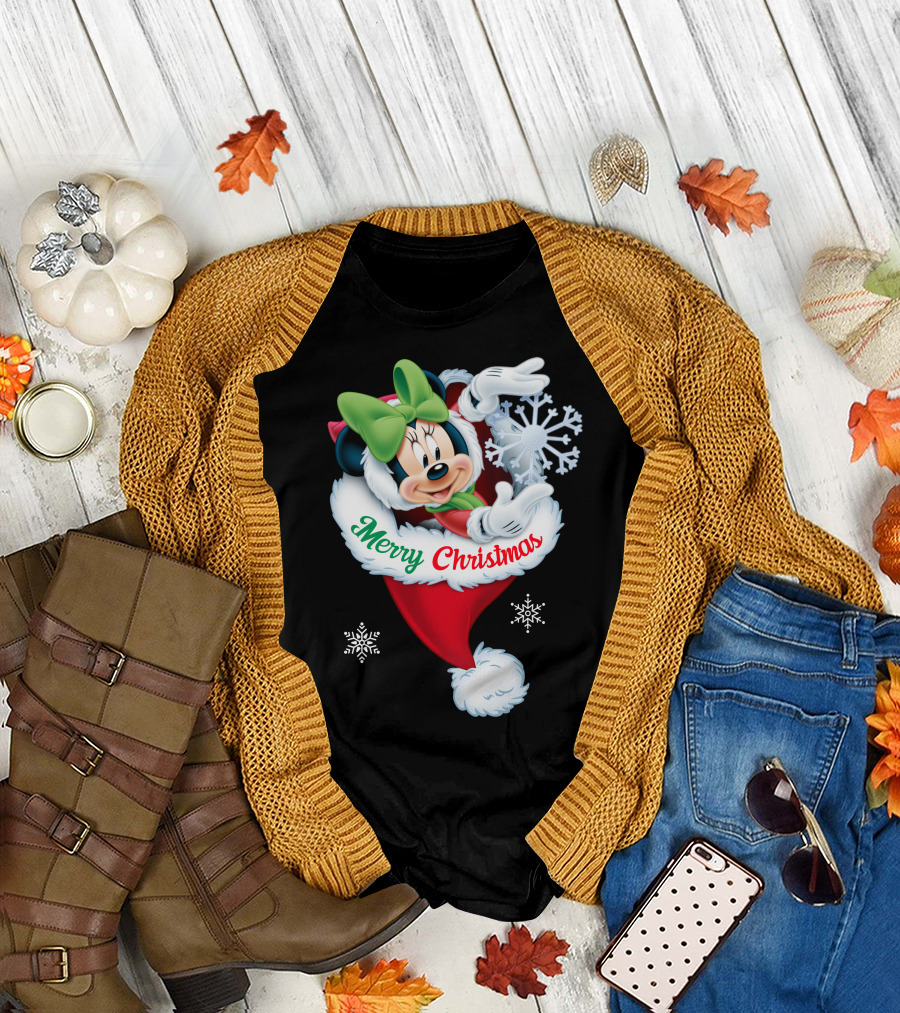 Minnie Mouse Merry Christmas Santa Hat Snowflakes T-Shirt
