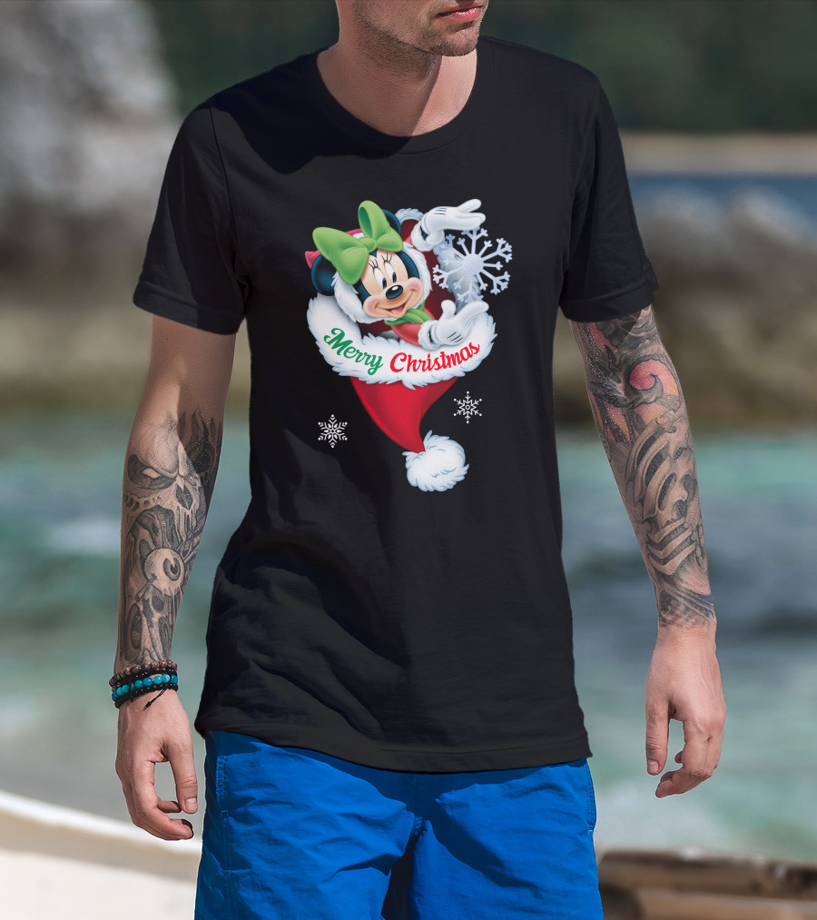 Minnie Mouse Merry Christmas Santa Hat Snowflakes T-Shirt